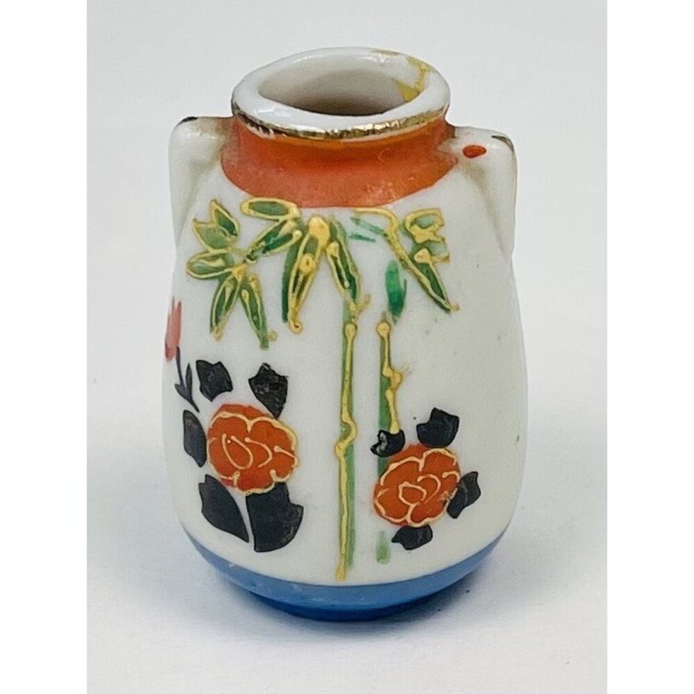 VTG 1.75" Handpainted Ceramic Miniature White VASE Flowers Bamboo Japan